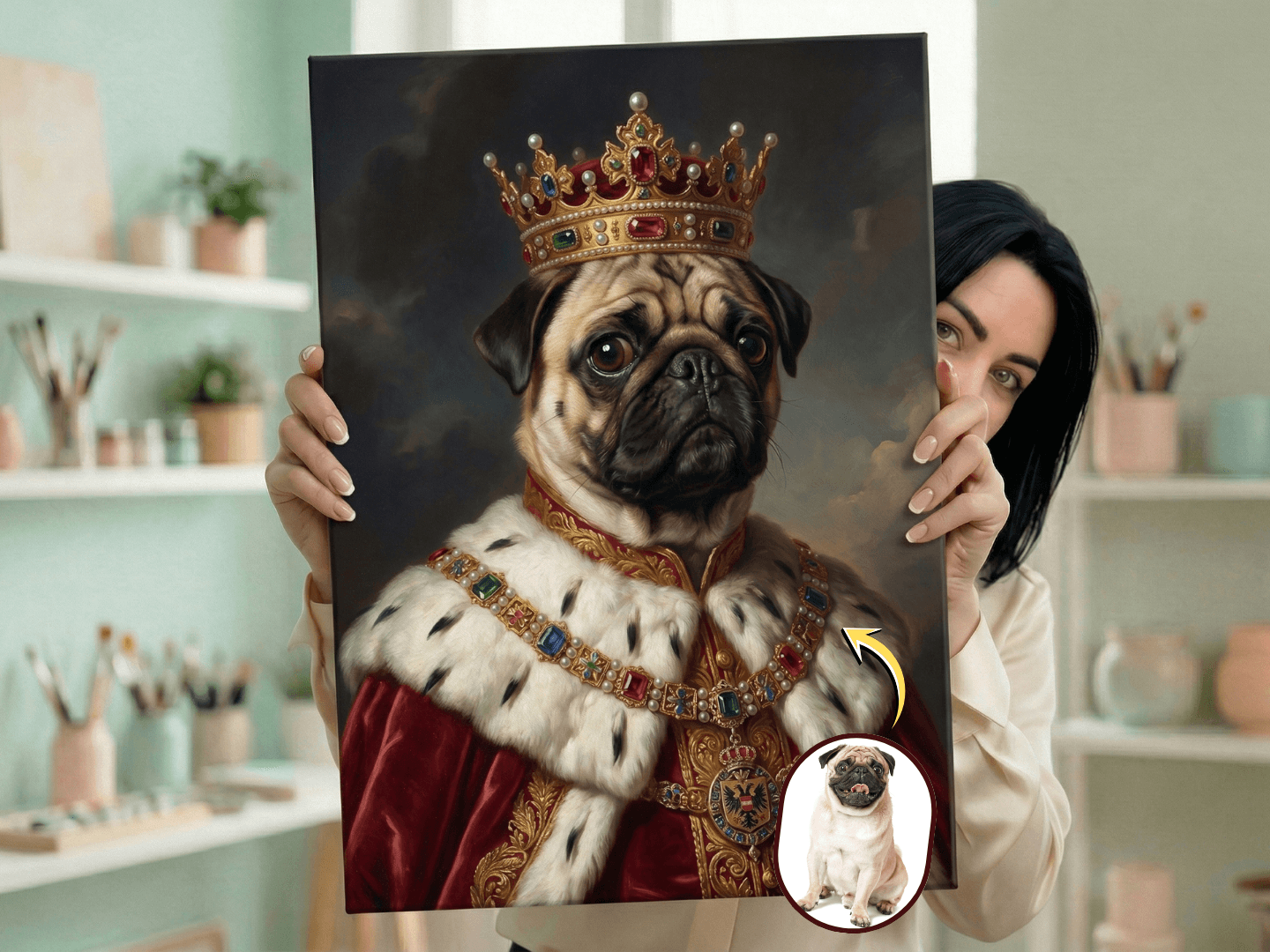 A majestic bespoke pet heritage portrait in a classic oil painting style