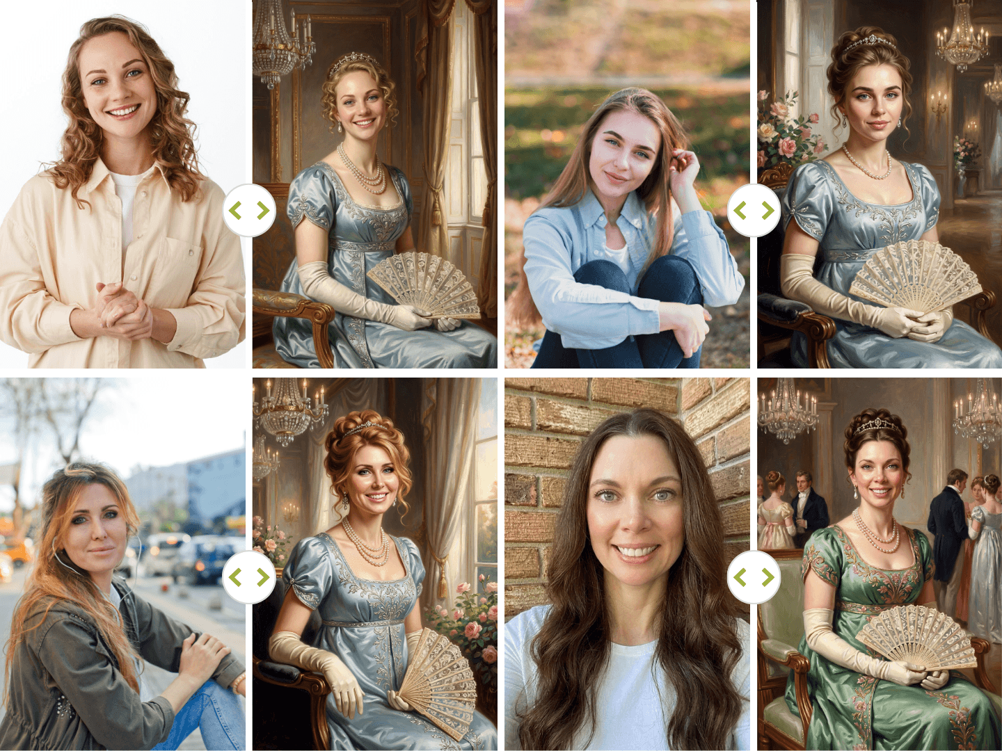 Before and after — a selfie transformed into a custom Bridgerton Regency portrait
