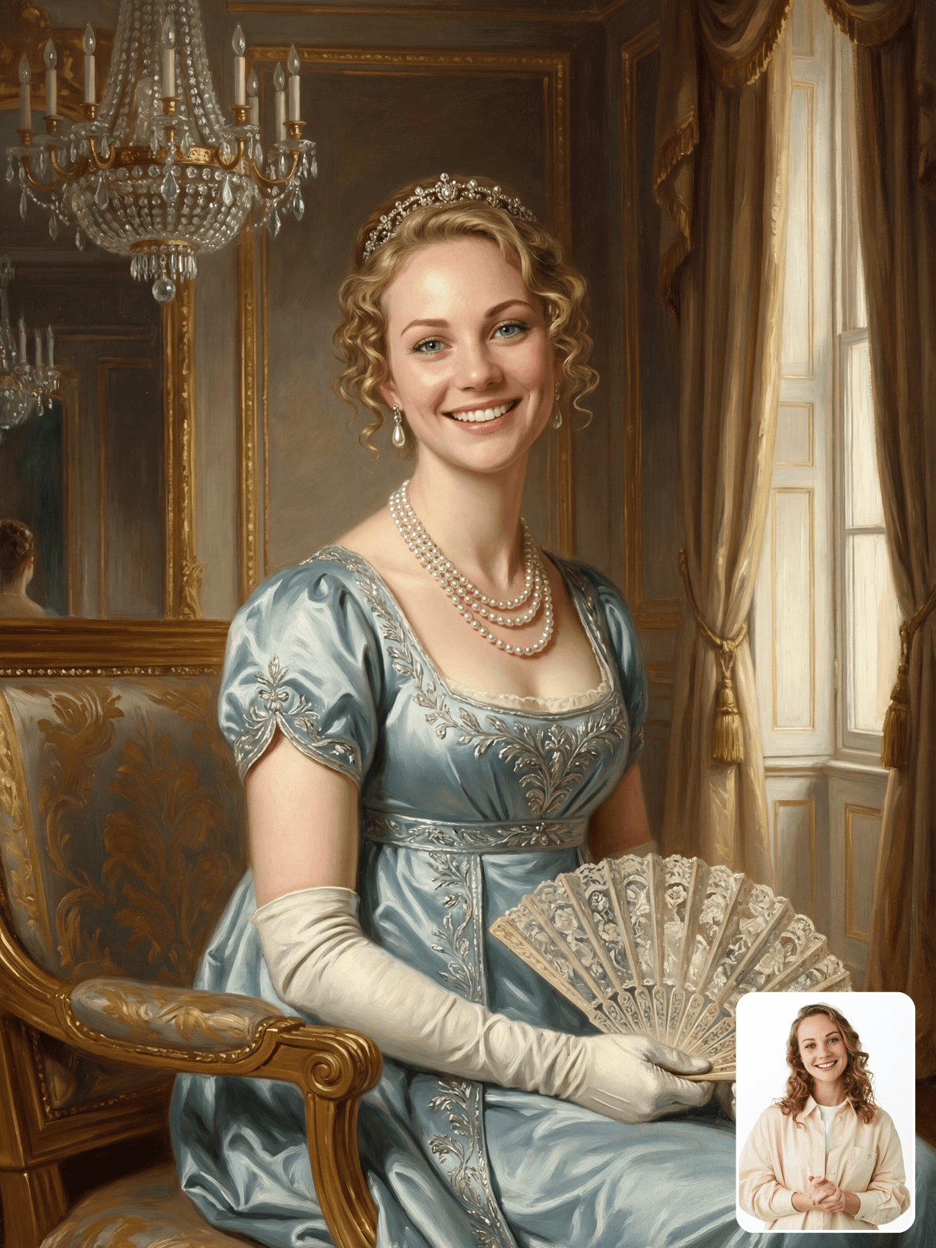 Before-and-after — phone selfie transformed into a Bridgerton Regency portrait, empire-waist gown