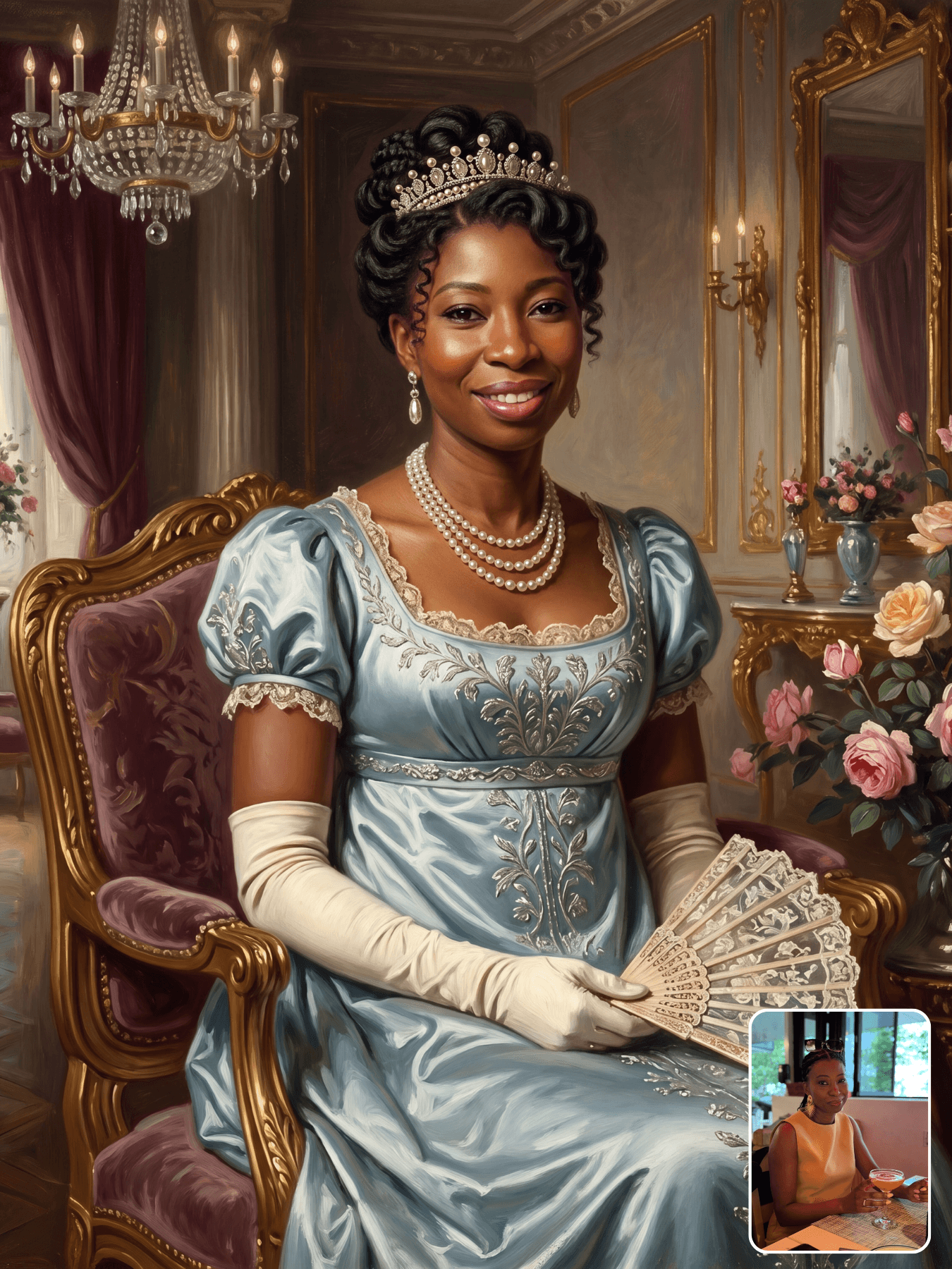 Custom Bridgerton portrait example — Regency ballroom scene from a photo