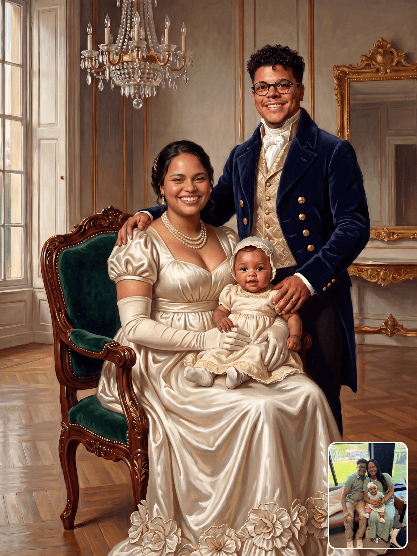 Bridgerton portrait from photo — Regency hairstyle and jewel-tone gown