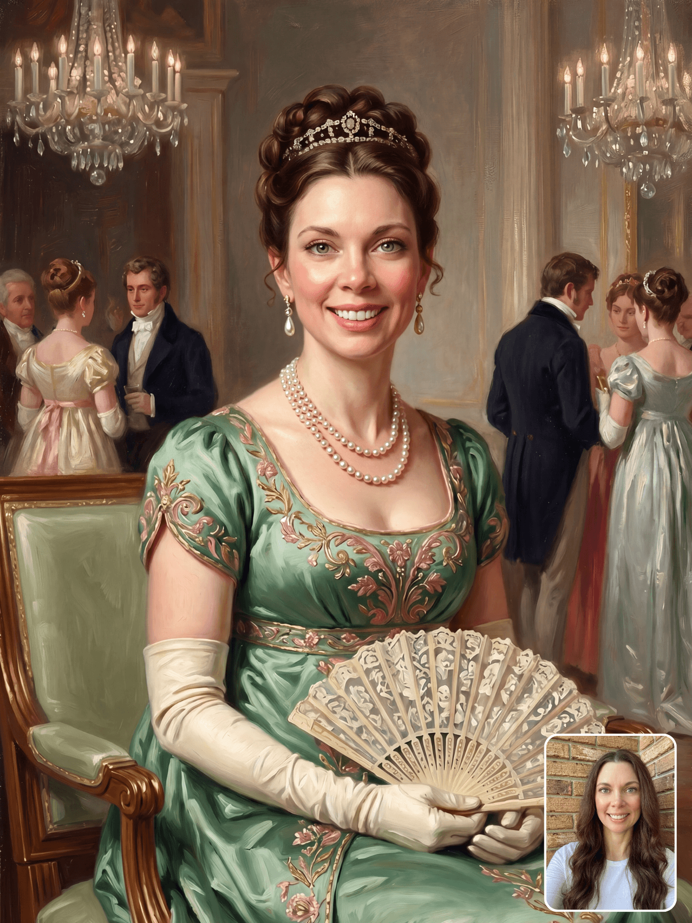 Custom Bridgerton portrait — selfie transformed into a Mayfair terrace scene