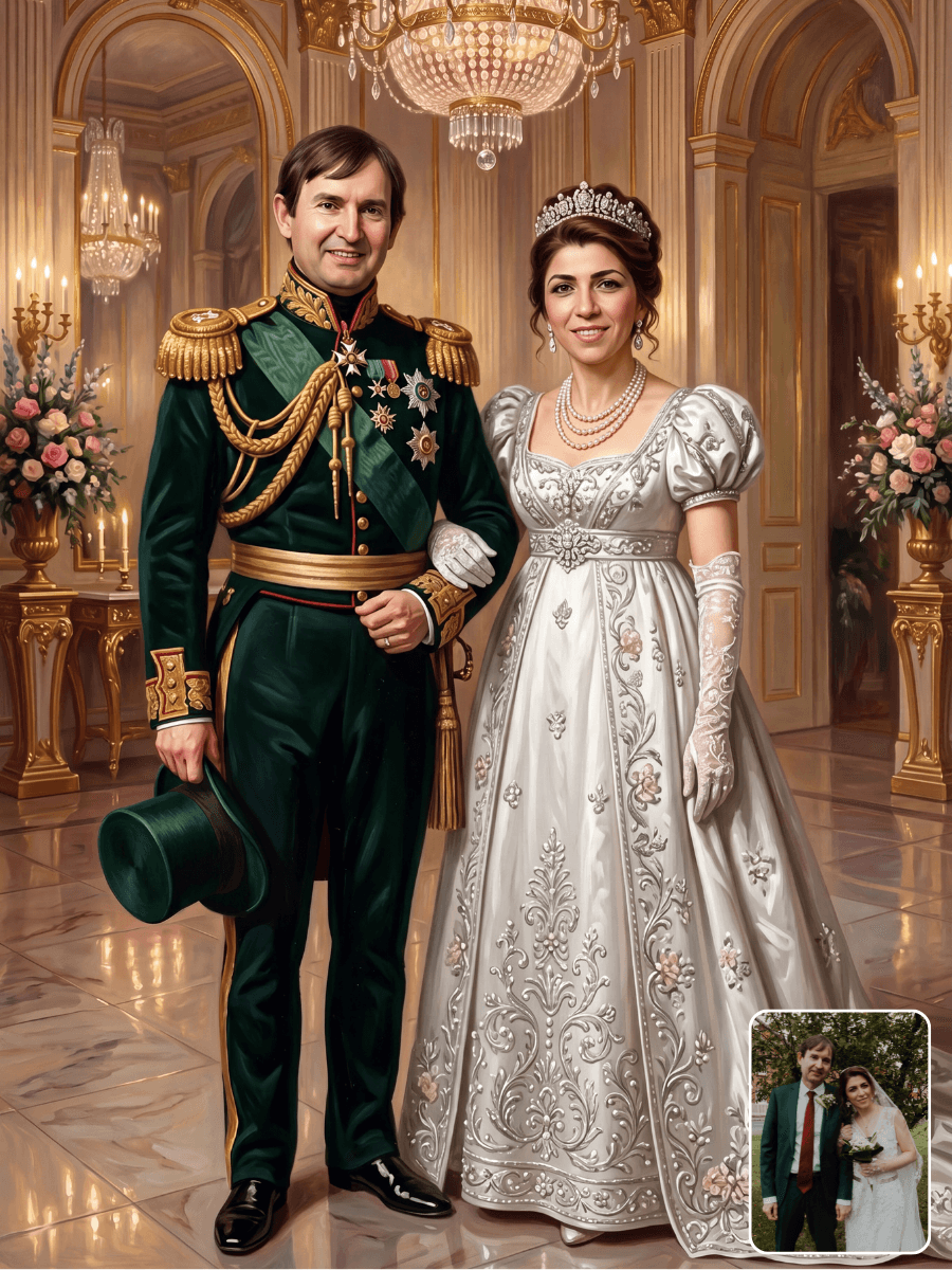 Custom Bridgerton couple portrait from photo — Regency ballroom portrait with formal period wardrobe