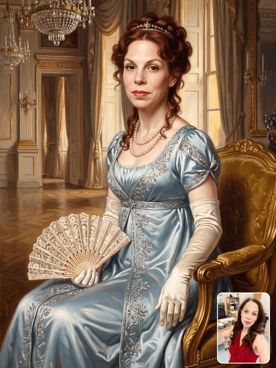 Custom Bridgerton portrait from photo — solo Regency lady in blue gown with fan