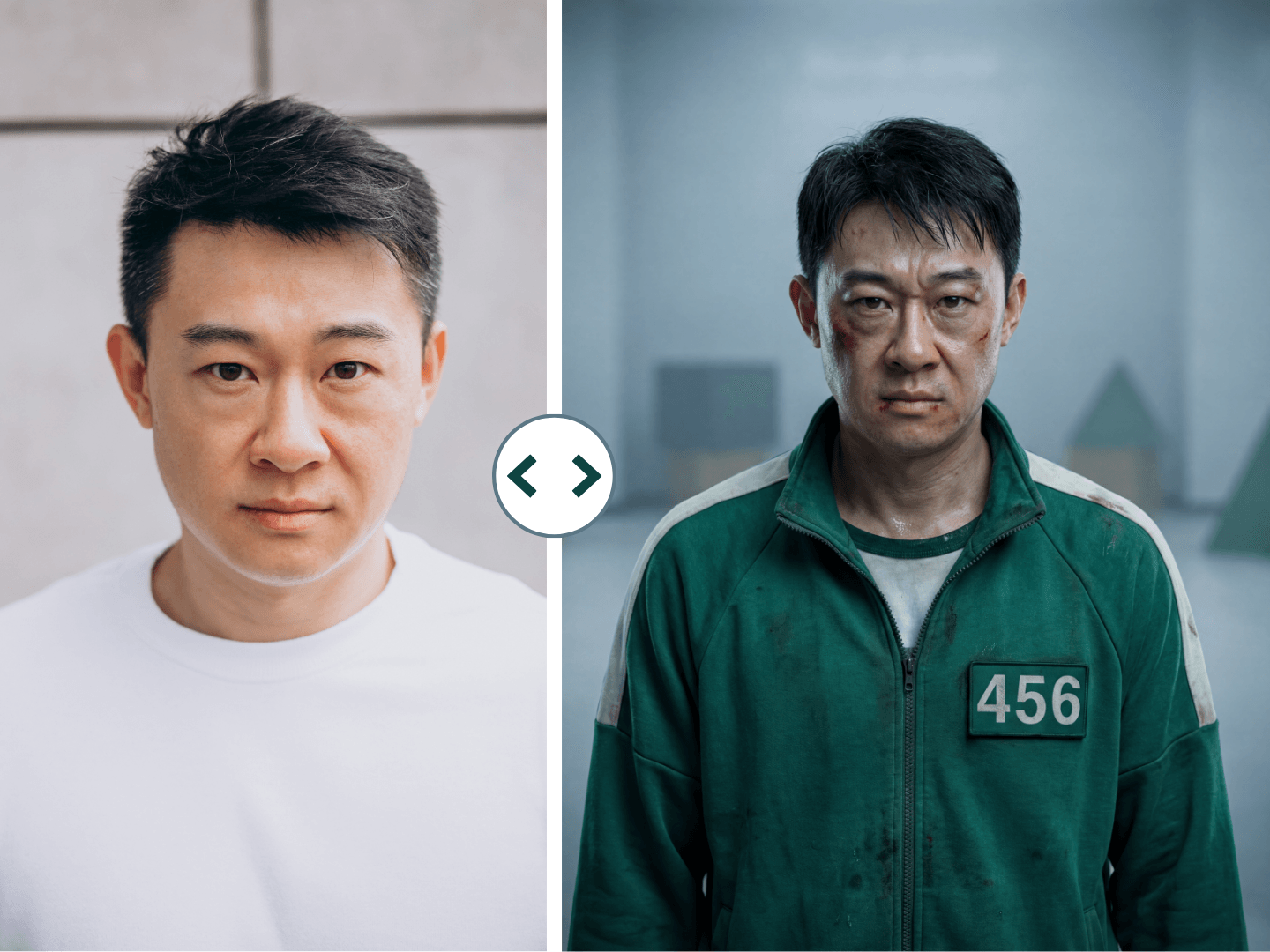A cinematic custom portrait inspired by Squid Game featuring the iconic green tracksuit and survivor number