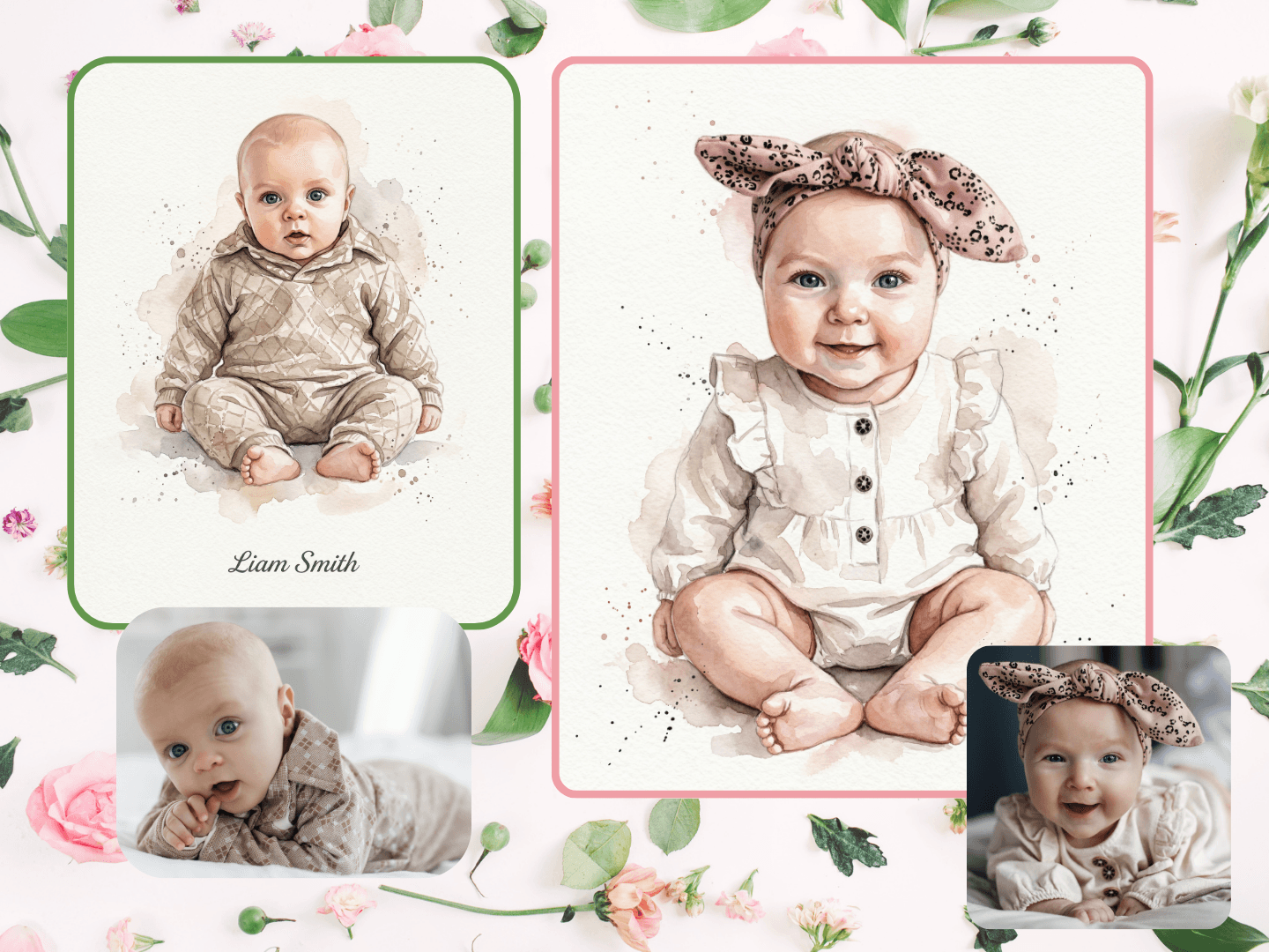 A soft, dreamy watercolor baby portrait created from a customer photo for nursery decor