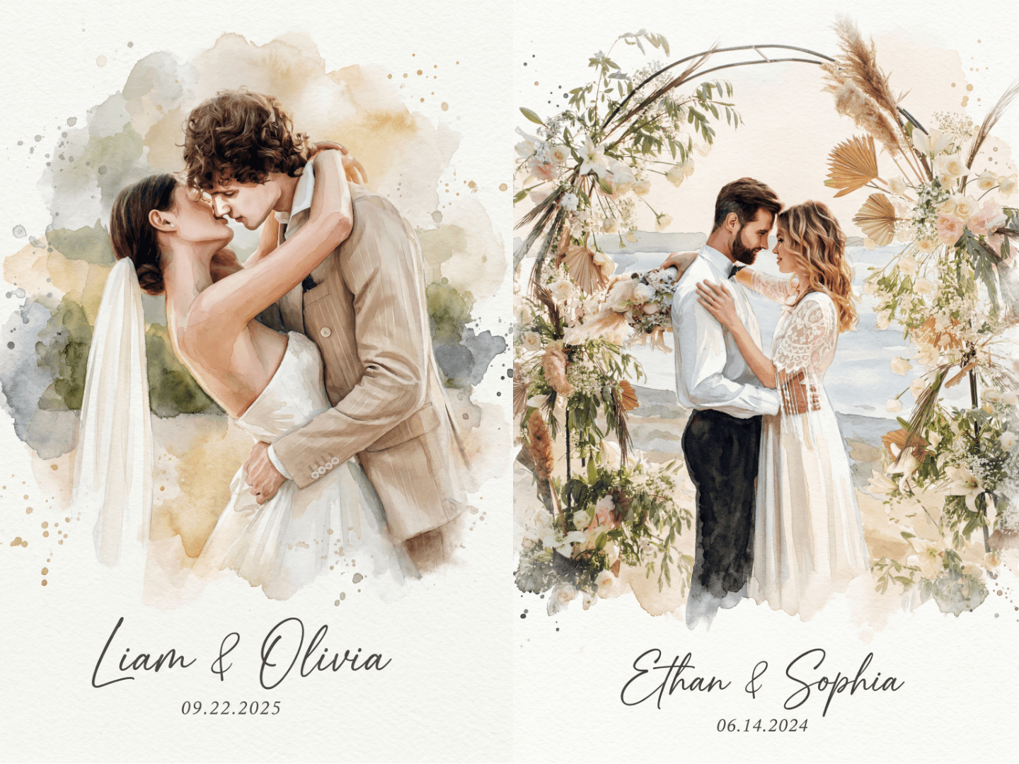 A romantic custom watercolor couple portrait created from a wedding photo
