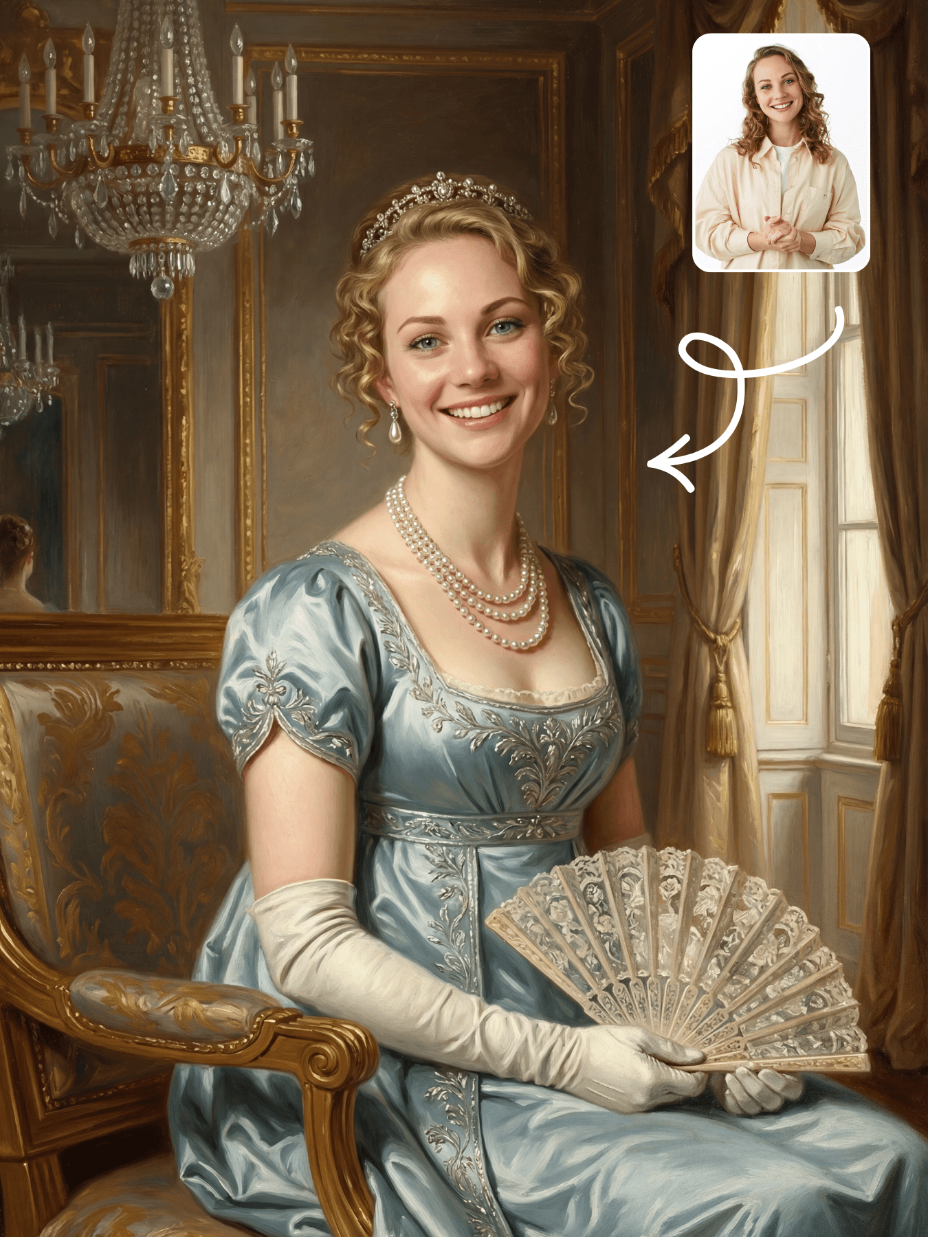 Before and after example of a custom Bridgerton portrait from photo